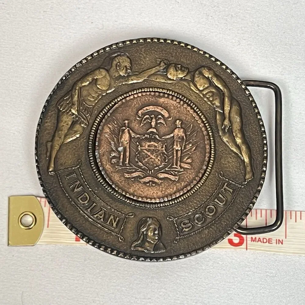 Vintage USA Indiana scout brass belt buckle state seal copper tone 3 inch